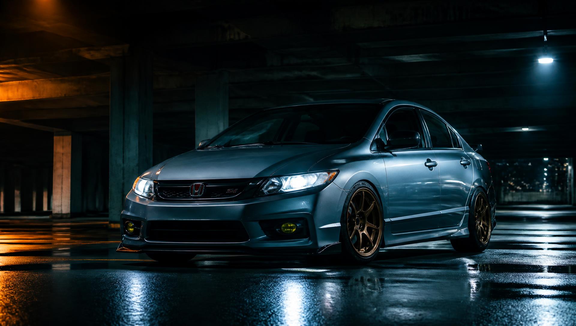Modified Honda Civic Si parked in a dark garage